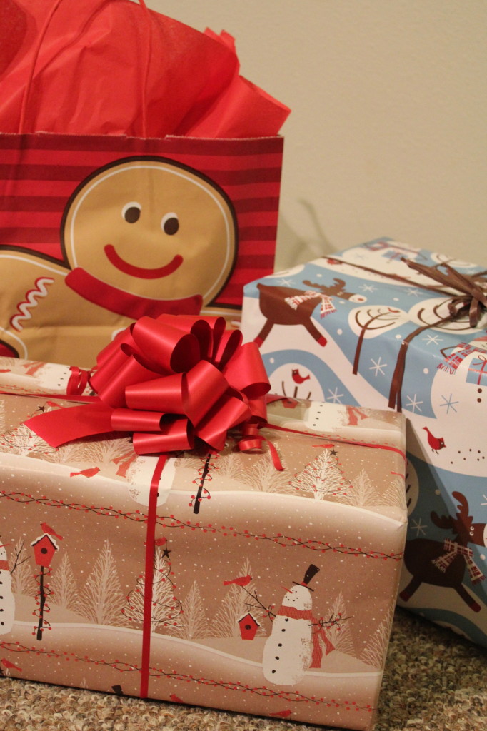 christmas gift wrap red, brown, blue