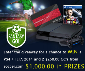 Win a Playstation 4 + FIFA ’14 game bundle, or one of two $250.00 Soccer.com Gift Cards (3 WINNERS)!