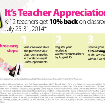 K-12 Teachers get 10% back on purchase of School Supplies at Walmart! – July 25 – 31, 2014