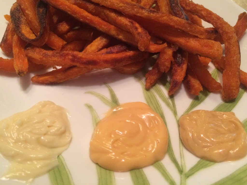 sweet potato fries with Just Mayo Sriracha, Chipotle and Garlic Dips