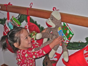 Toddler christmas stocking on christmas morning